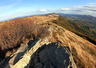 Zdjęcie panoramiczne gór. Fotografujący stoi na skalnym szczycie od któego rozciąga się długie trwiaste pasmo górskie. Trawy są jasnobrązowe, ponieważ jest pora jesienna. W dolinach widać zielony, iglasty las. Niebo jest niebieskie, prawie bezchmurne.